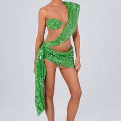 Evangeline Sequin Drape Mesh Mini Dress