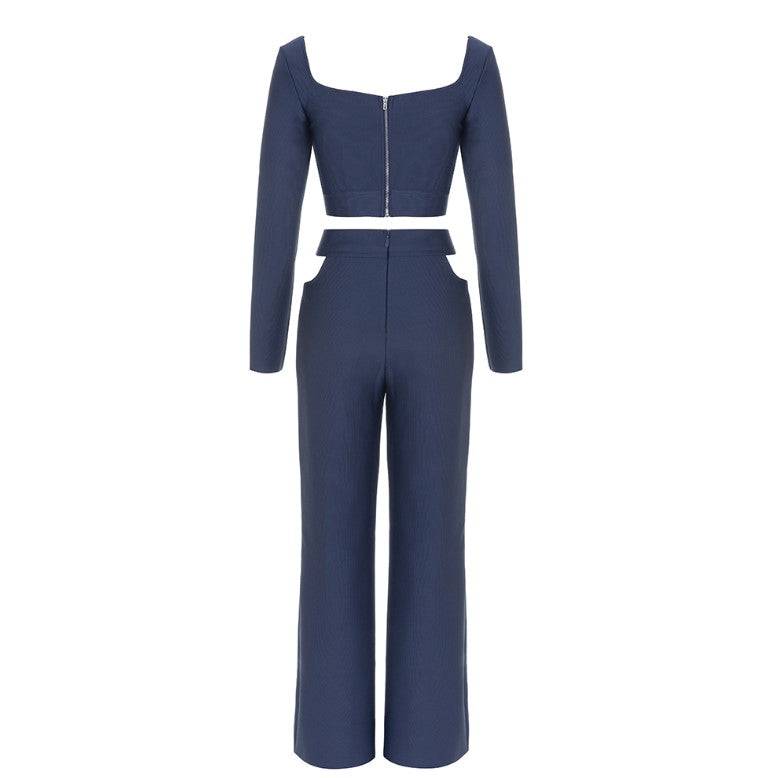 Frida Square Collar Long Sleeve Zipper Bandage Jumpsuit