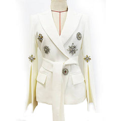 Kelly Belted Embroidery Flare Sleeves Blazer Jacket