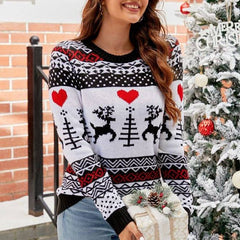 Laureigh Round Neck Reindeer Heart Print Knit Sweater