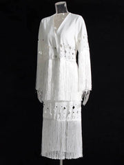 Mila White Fringe Tops & Skirt Set