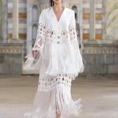 Mila White Fringe Tops & Skirt Set