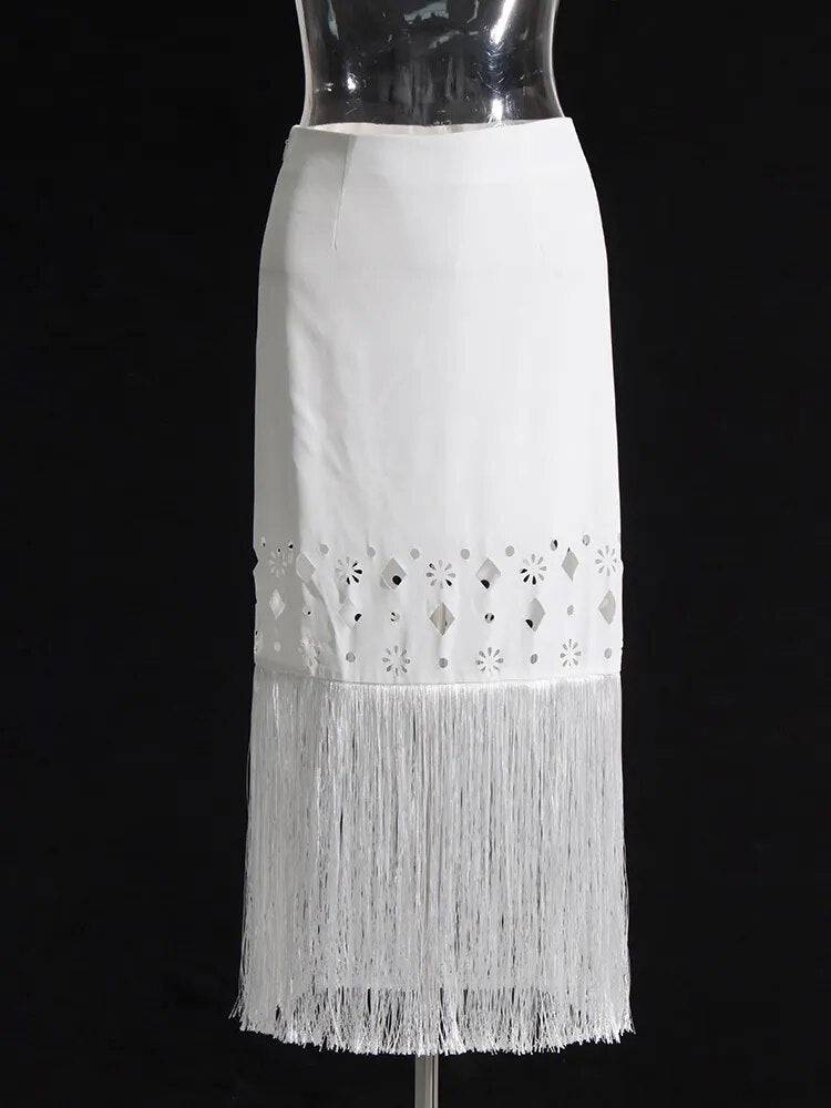 Mila White Fringe Tops & Skirt Set