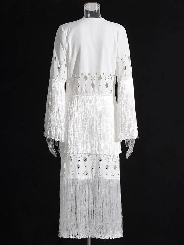 Mila White Fringe Tops & Skirt Set