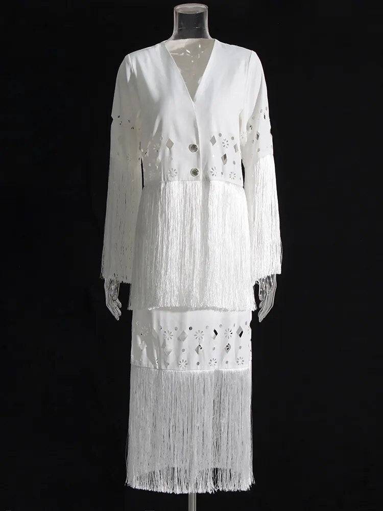 Mila White Fringe Tops & Skirt Set