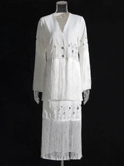 Mila White Fringe Tops & Skirt Set
