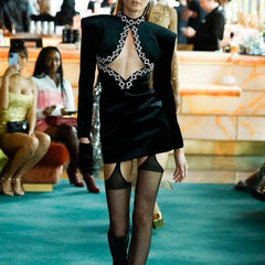 Molly Long Sleeves Hollow Out Rhinestone Stand Neck Mini Dress