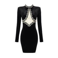 Molly Long Sleeves Hollow Out Rhinestone Stand Neck Mini Dress