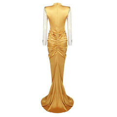 Nella Diamond Long Sleeve Gold Tight Pleated Maxi Dress