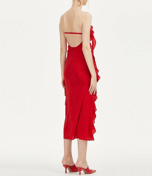 Nicolette Strapless Ruffle Slit Midi Dress