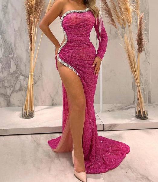 Preciosa One Shoulder Mesh Sequined Dress