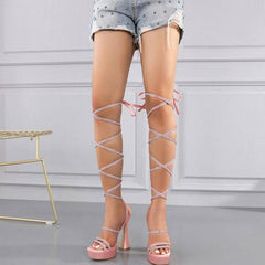 Matilda  Open Toe Rhinestone Strap Lace-Up Platform Heel Sandal