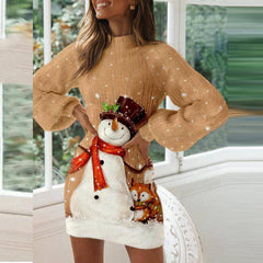 Flora Turtleneck Lantern Sleeve Printed Christmas Dress