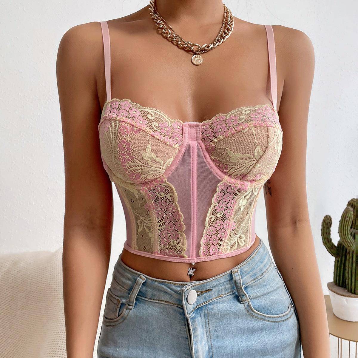 Aliza Floral Embroidery See-through Eyelash Lace Corset Top