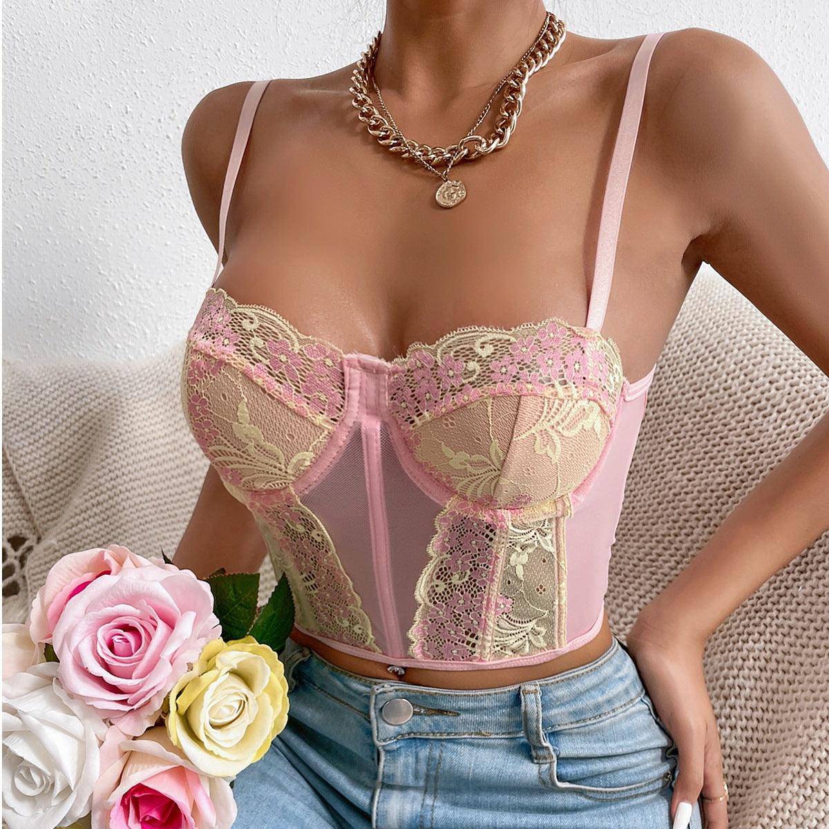 Aliza Floral Embroidery See-through Eyelash Lace Corset Top