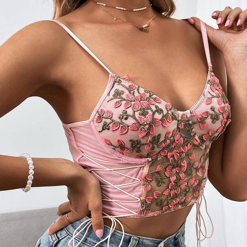 Bessy Floral Embroidery Lace See Through Cami Top