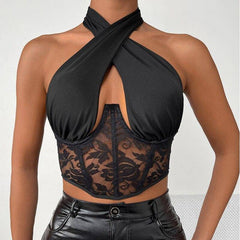 Carly Contrast Lace Criss Cross Halter Top