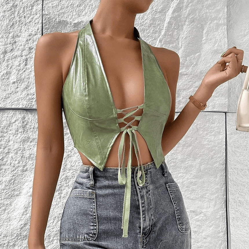 Clementine Plain Lace-Up Cropped Halter Top