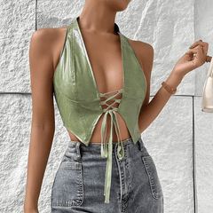 Clementine Plain Lace-Up Cropped Halter Top