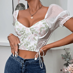 Ella Floral Embroidered Mesh Panel Crop Bustier Top