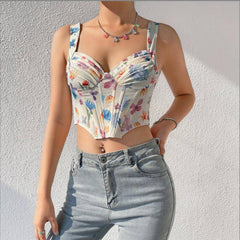 Eudora Strappy Floral Print Ruched Crop Corset Top