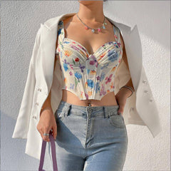 Eudora Strappy Floral Print Ruched Crop Corset Top