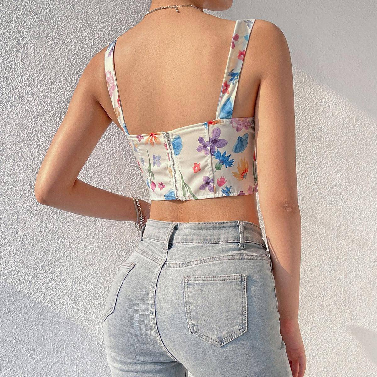 Eudora Strappy Floral Print Ruched Crop Corset Top