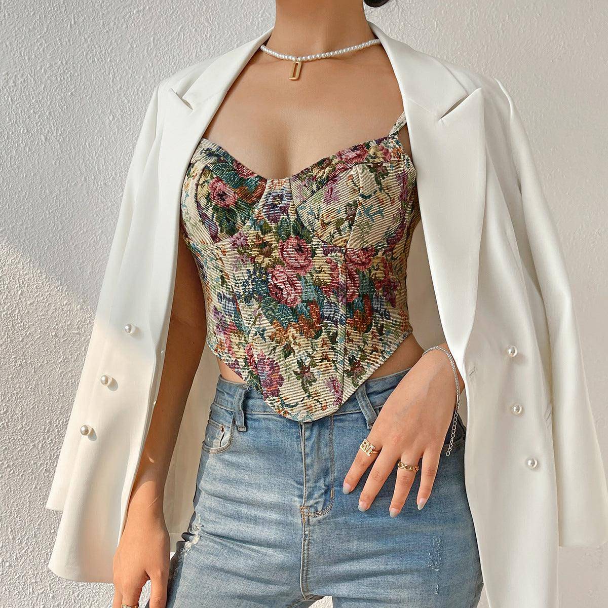 Liza Strappy Floral Print Crop Corset Top