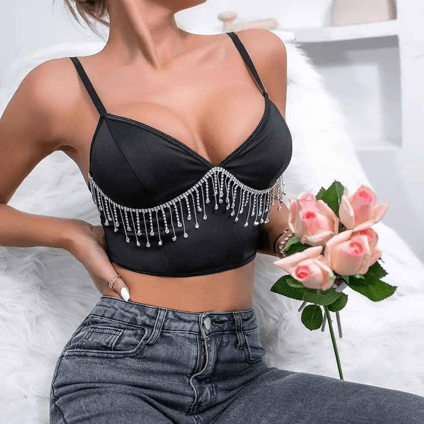 Patsy Spaghetti Strap Rhinestone Fringe Crop Bustier Top
