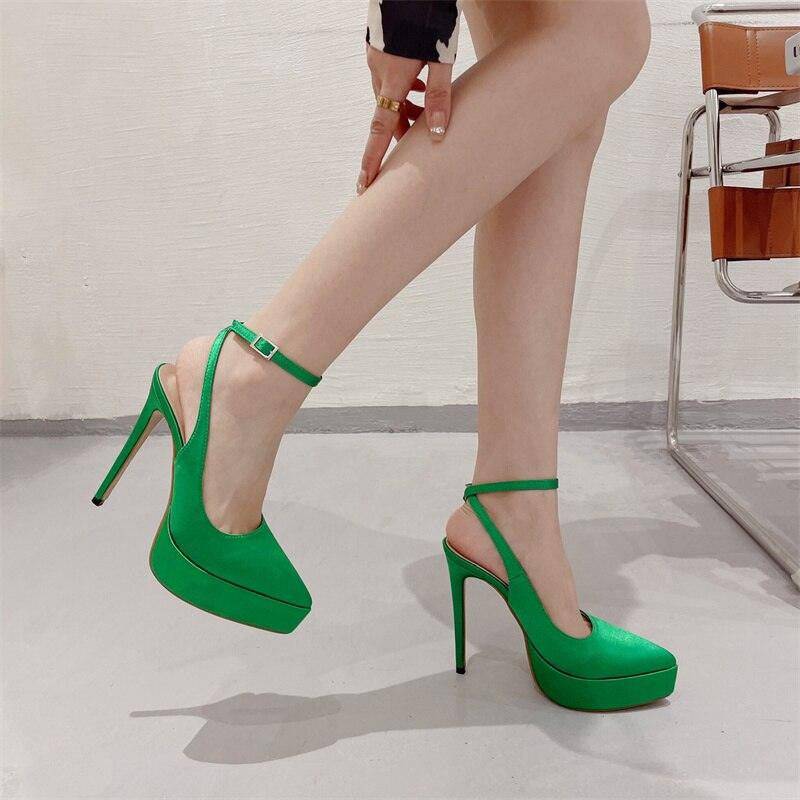 Pearl Pointed Toe Platform Pumps Buckle Strap Shoes