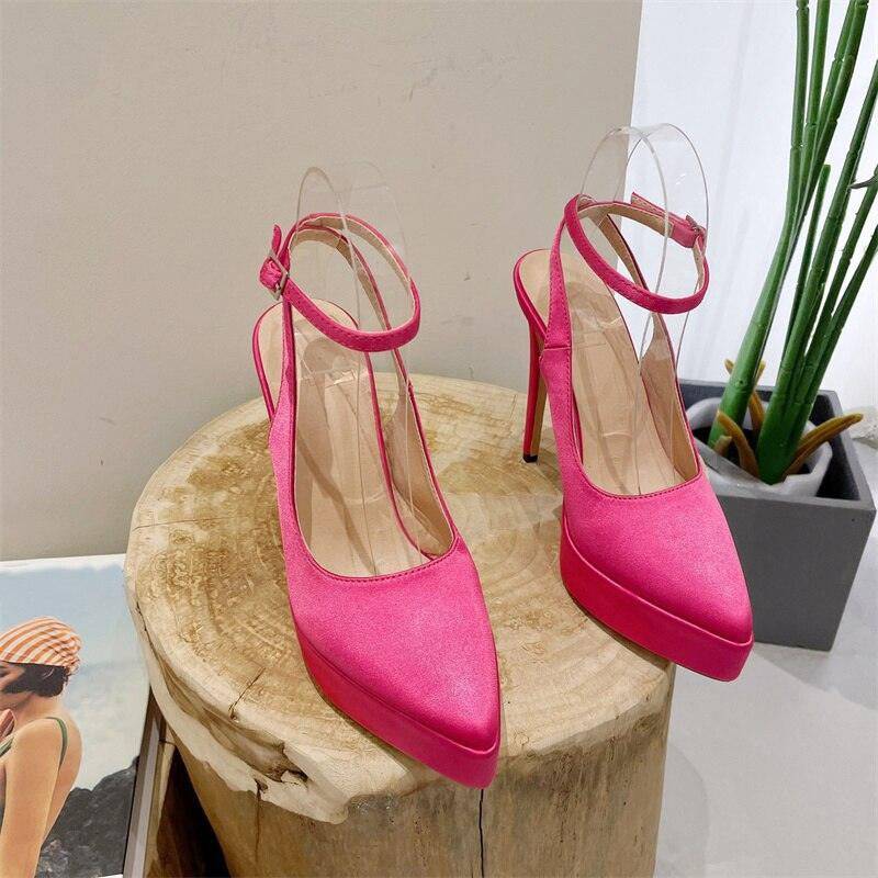 Pearl Pointed Toe Platform Pumps Buckle Strap Shoes