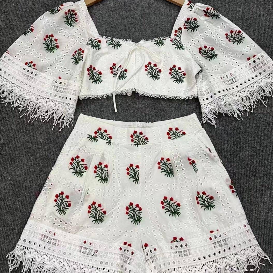 Hazel Puff Sleeve Embroidered Top & Floral Mini Short Set