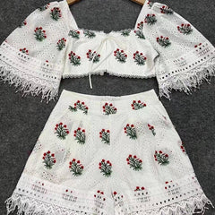 Hazel Puff Sleeve Embroidered Top & Floral Mini Short Set