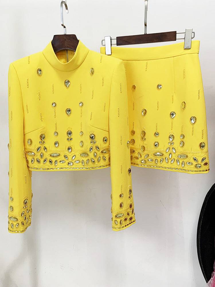 Darlina Long Sleeve Diamond Embellished Top & High Waist Mini Skirt
