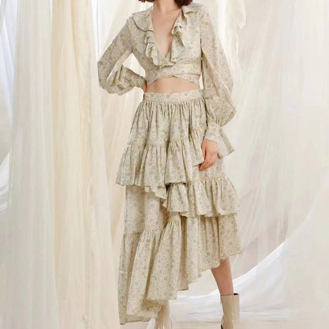 Piera Floral Ruffle Pleated Skirt Set