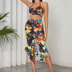 Melissa Printed Halter Top & Drawstring Ruched Skirt Set