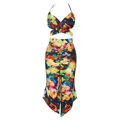 Melissa Printed Halter Top & Drawstring Ruched Skirt Set