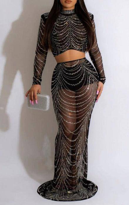 Ruth Mesh Crystal Rhinestone Top & Maxi Skirt Set