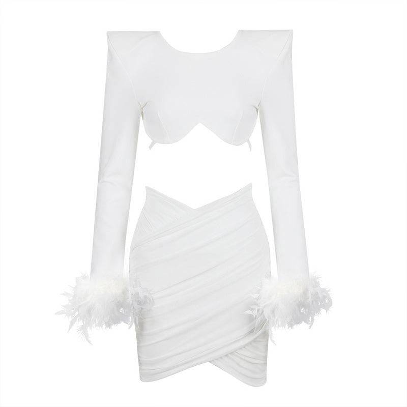 Margaret Feather Long Sleeve Round Neck Top & Asymmetrical Mini Skirt