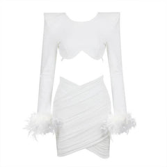 Margaret Feather Long Sleeve Round Neck Top & Asymmetrical Mini Skirt