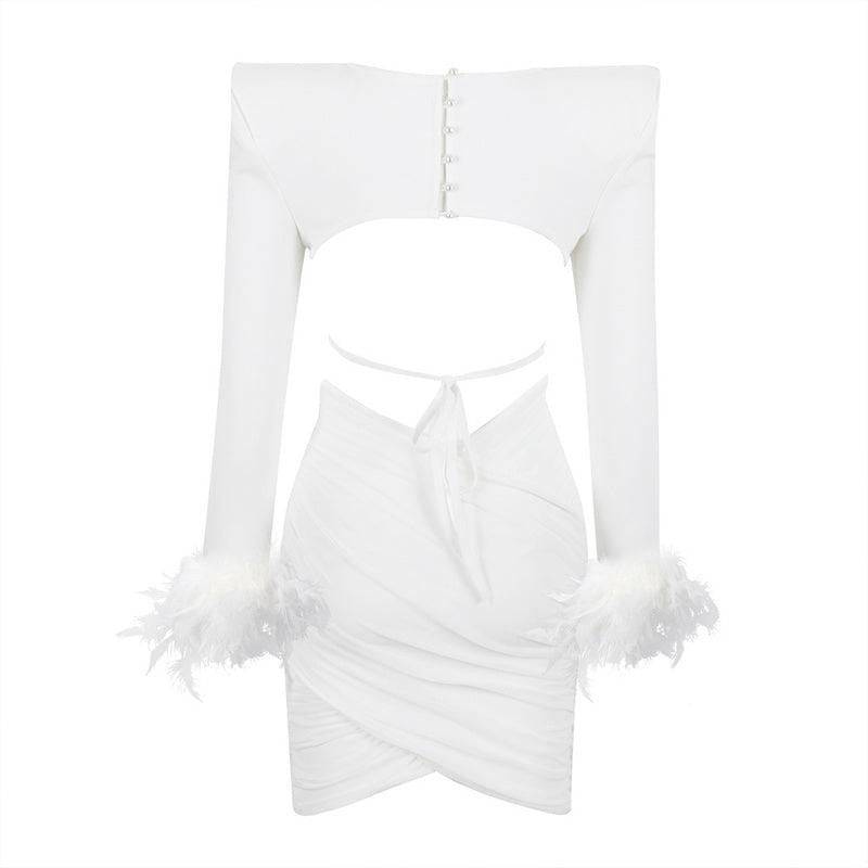 Margaret Feather Long Sleeve Round Neck Top & Asymmetrical Mini Skirt