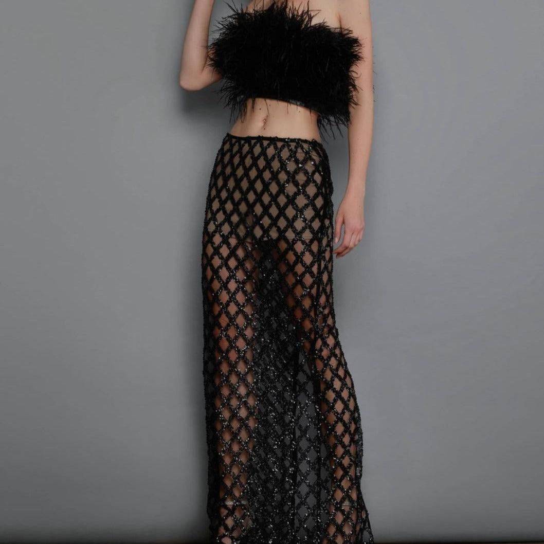 Minerva Strapless Feather Cropped Top & Mesh Long Skirt Set