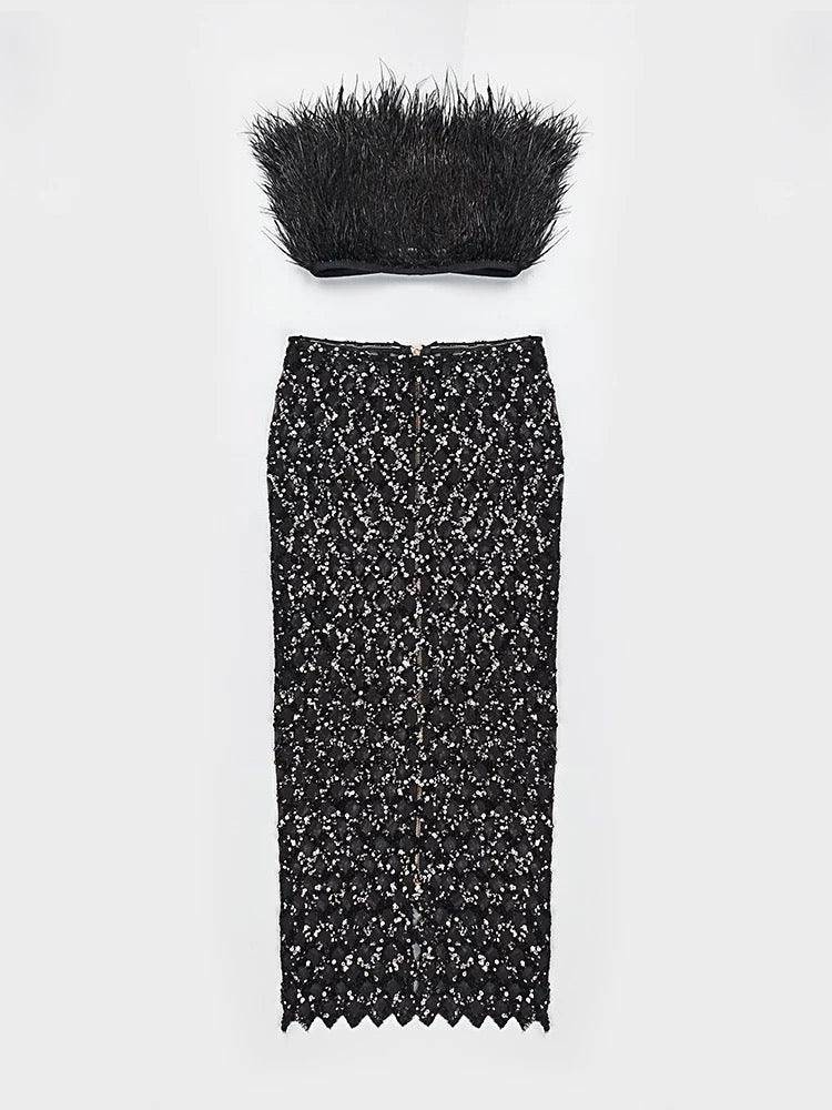 Minerva Strapless Feather Cropped Top & Mesh Long Skirt Set