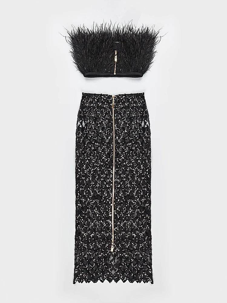 Minerva Strapless Feather Cropped Top & Mesh Long Skirt Set