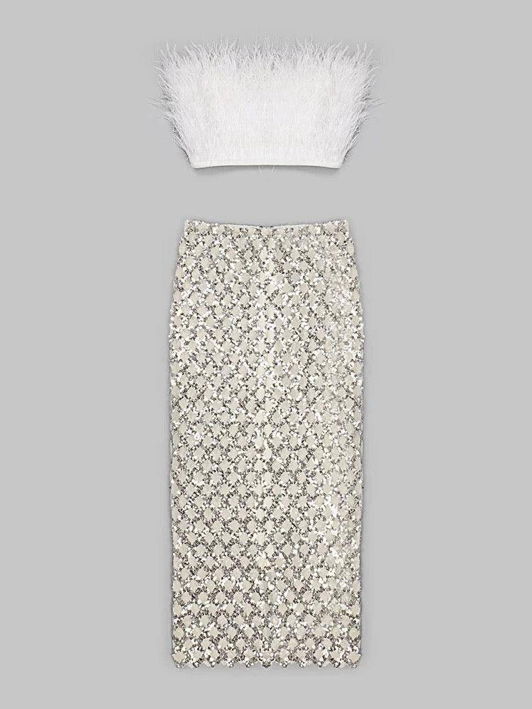 Minerva Strapless Feather Cropped Top & Mesh Long Skirt Set