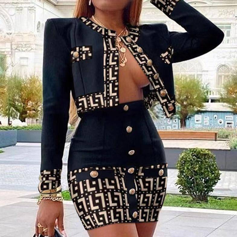 Casey Geometric Long Sleeve Skirt Sets