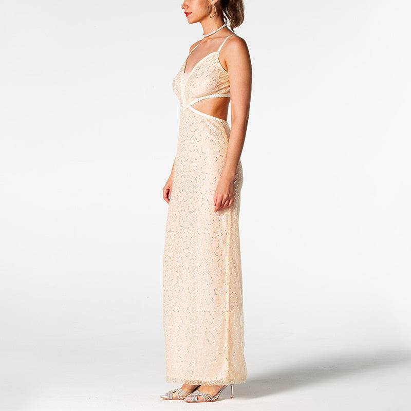 Arlette Beaded Backless Leather Detail Dress
