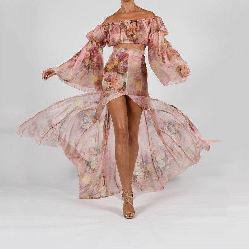 Raelynn Floral Off Shoulder Layered Sleeve & Slit Hem Skirt Set