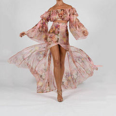 Raelynn Floral Off Shoulder Layered Sleeve & Slit Hem Skirt Set