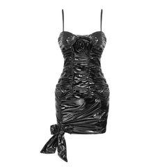 Nicole Ruched Leather Spaghetti Strap Top & Mini Skirt Set